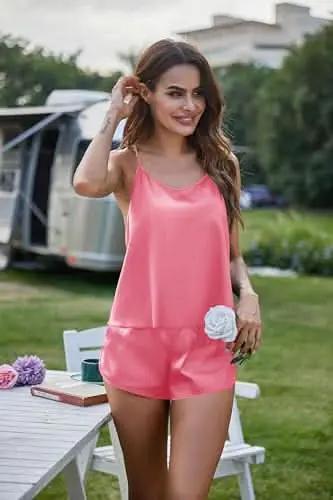 Silk Pajamas Set for Women Satin Backless Lingerie Pjs Cami Top and Shorts Nightwear - Love Salve